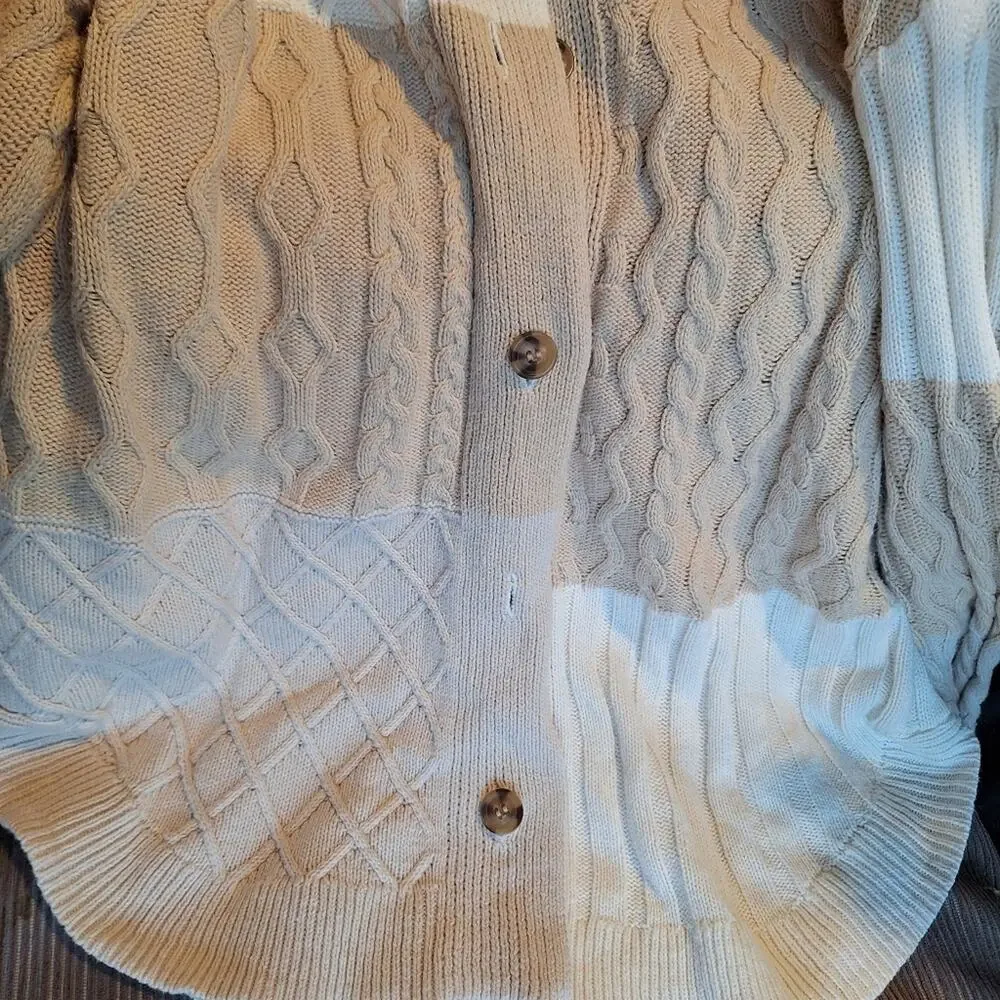 Sonoma Cotton Cardigan SzL Tan/Creme Block Colors Curved Hem Collar Long Sleeves